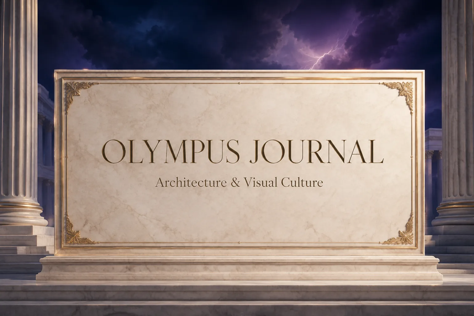 Contemporary concept illustration of an Olympus Journal marble cover panel framed by columns beneath a violet sky
